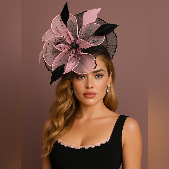 Pink & Black Blossom Fascinator – Statement Derby, Wedding & Tea Party Hat Ascot